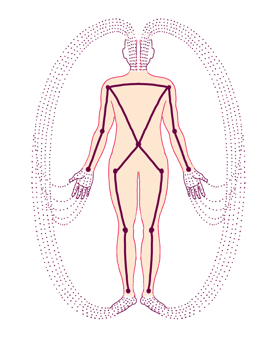 Illustration of a human figure with dotted lines looping from the head down to the feet