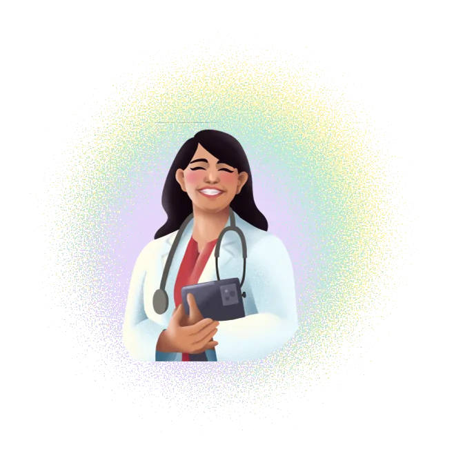 Illustration of a smiling clinician holding a tablet
